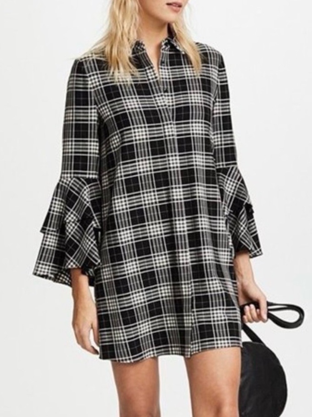 Alice + Olivia Jem Double Trumpet Black White Plaid Mini Shirt Dress Size XS